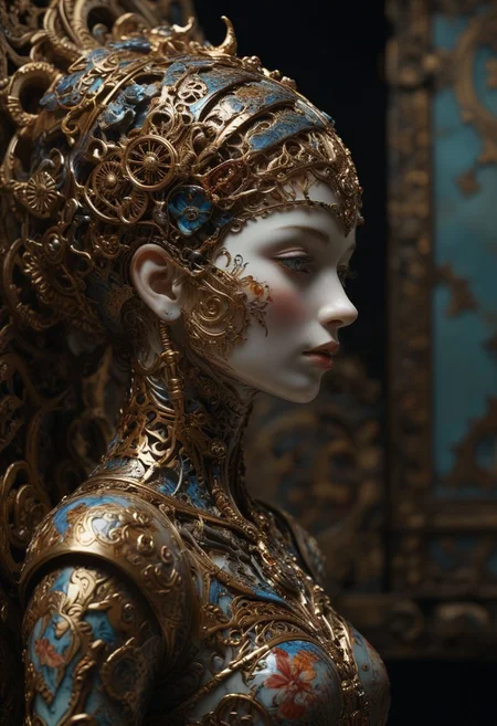 (Crafted Ceramic of a woman), gold filigree, cybernetic enhancements, machinery, rusty steel armor, triadic colors, stunning background. dark and moody, a mesmerizing blend of light and shadow. masterpiece, absurdres, intricate details <lora:TQCeramicStyle:0.9> Rembrandt