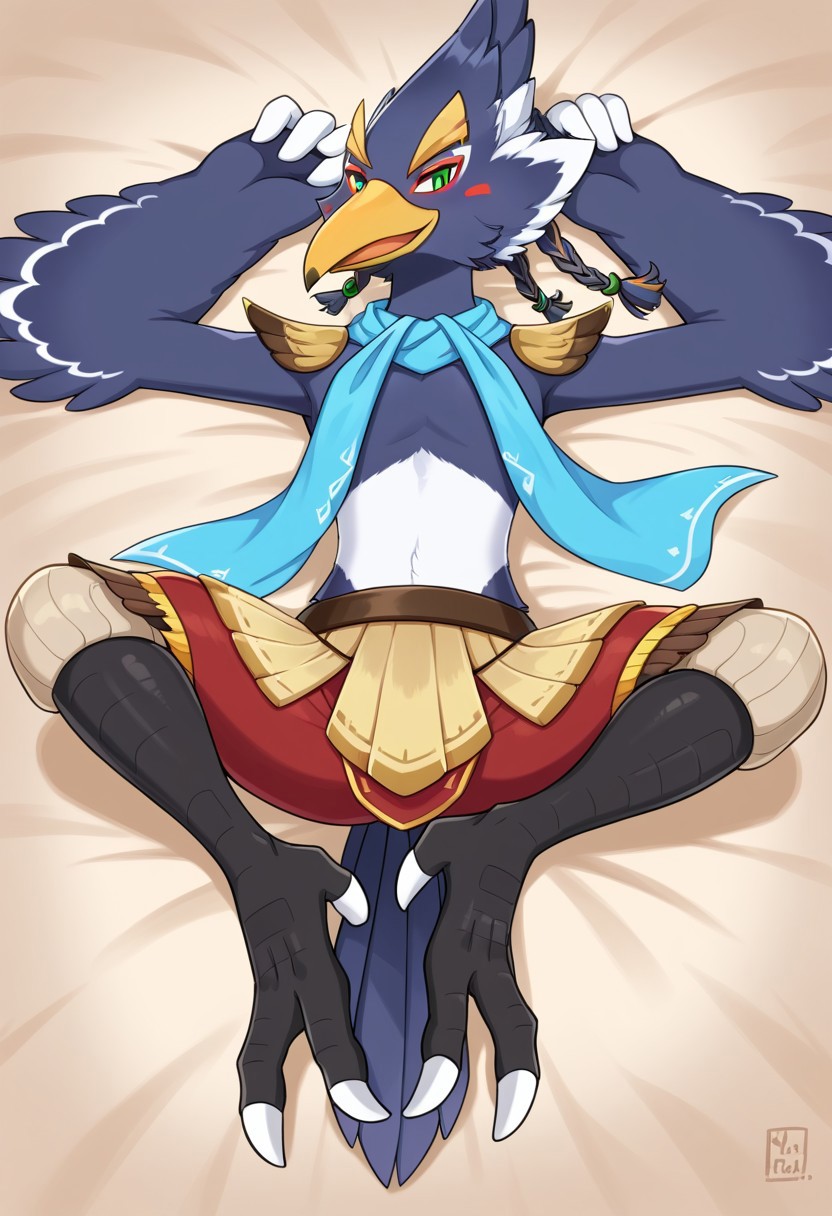 best quality, newest, absurdres, highres,solo,Anthro,bird,revali,green eyes,blue fur,beak,lying,feet,soles,talons