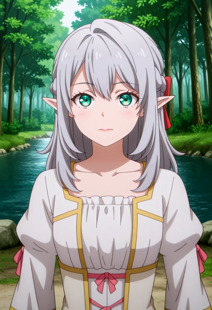masterpiece,high quality,highres,absurdres,(,,,<lora:Young Tessia_IL:0.8>,,,,Young Tessia,1girl,gray hair,pointed ears,elf,green eyes,,<lora:empress_outfit1:0.8>,,empress_outfit1,masterpiece,best quality,ultra-detailed,(pure white dress:1.3),(gold embroidery:1.2),(pink ribbon accents:1.1),corset-style bodice,lace-up detail,puffed sleeves with gold trim,multi-layered skirt with ruffled hem,soft glowing fabric,volumetric lighting,intricate textures,(high-resolution:1.2),dynamic shading ),forest,river,exposed nick,exposed collarbone,