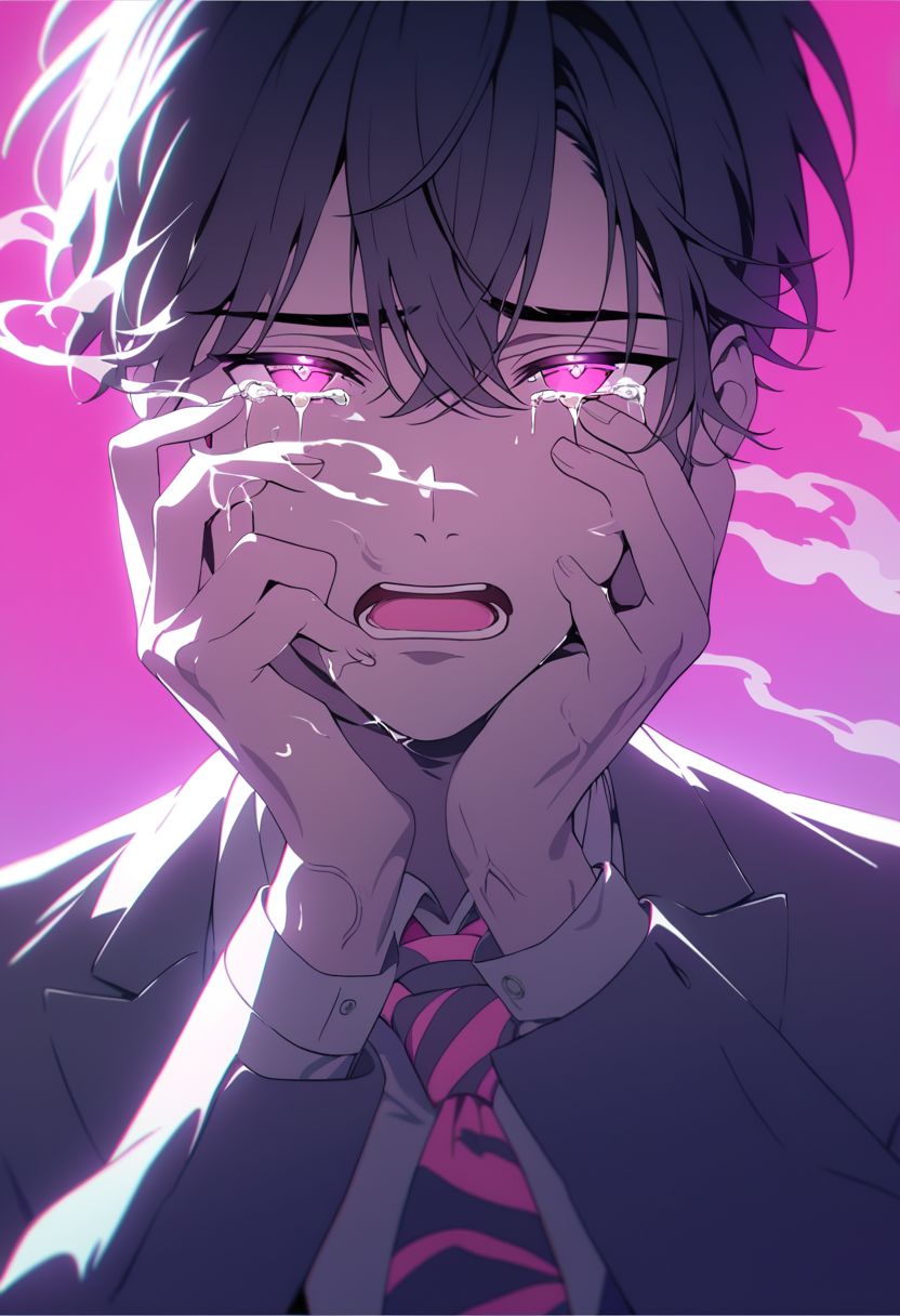 did vaporwave style, 1boy, male focus, solo, open mouth, hands on own face, tears, black hair, glowing, necktie, veins, pink background, simple background, looking at viewer, pink eyes, fading smoke, vapor, magic,  rainbow theme, melting, vapor, smoke, glitch,  horror (theme),  glowing,  cinematic lighting, cinematic angle, official art, best quality, masterpiece