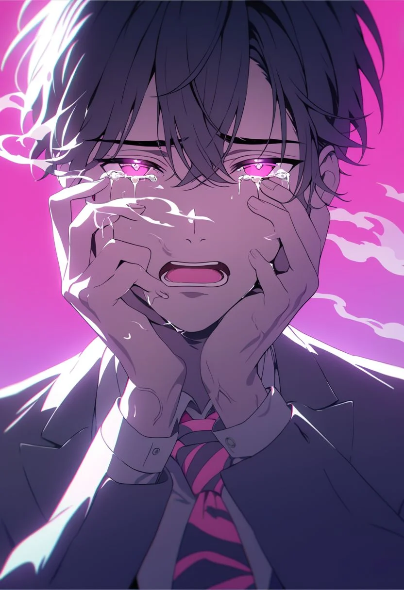 did vaporwave style, 1boy, male focus, solo, open mouth, hands on own face, tears, black hair, glowing, necktie, veins, pink background, simple background, looking at viewer, pink eyes, fading smoke, vapor, magic, rainbow theme, melting, vapor, smoke, glitch, horror (theme), glowing, cinematic lighting, cinematic angle, official art, best quality, masterpiece