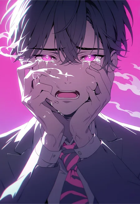 did vaporwave style, 1boy, male focus, solo, open mouth, hands on own face, tears, black hair, glowing, necktie, veins, pink background, simple background, looking at viewer, pink eyes, fading smoke, vapor, magic, rainbow theme, melting, vapor, smoke, glitch, horror (theme), glowing, cinematic lighting, cinematic angle, official art, best quality, masterpiece