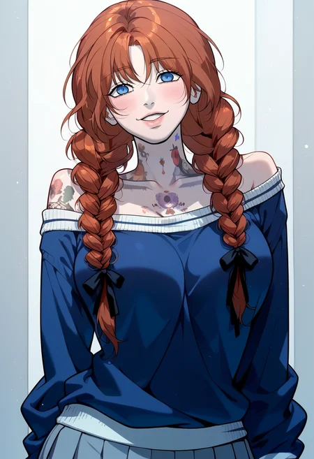 score_9, score_8_up, score_7_up, uncensored, Expressiveh BREAK 1girl, solo, killerpetermatthew, long hair, brown hair, twin braids, blue eyes, tattoo, full tattoo, neck tattoo, blue sweater, off shoulder, pleated skirt, black hair ribbon, medium breasts, hourglass figure, curvy, wide hips, seductive smile, parted lips, looking at viewer, close-up, facing viewer, blushing, simple background, posing for viewer, dynamic pose, <lora:KillerPeterMatthew:0.9> <lora:add-detail-xl:0.9> <lora:cfg_scale_boost:0.8> <lora:Expressive_H:0.9> <lora:DetailerIL:1> <lora:HandFixer_pdxl_Incrs_v1:0.6>