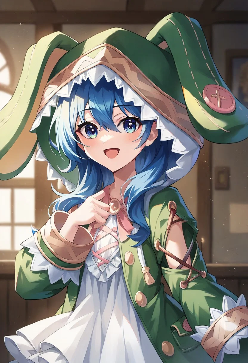 score_9, score_8_up, score_7_up, source_anime, masterpiece, 1girl, ct_y0shin0, blue hair, green coat, rabbit hood, detached sleeves, cross-laced dress, indoors, looking at viewer, happy,