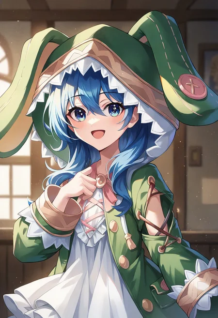 score_9, score_8_up, score_7_up, source_anime, masterpiece, 1girl, ct_y0shin0, blue hair, green coat, rabbit hood, detached sleeves, cross-laced dress, indoors, looking at viewer, happy,