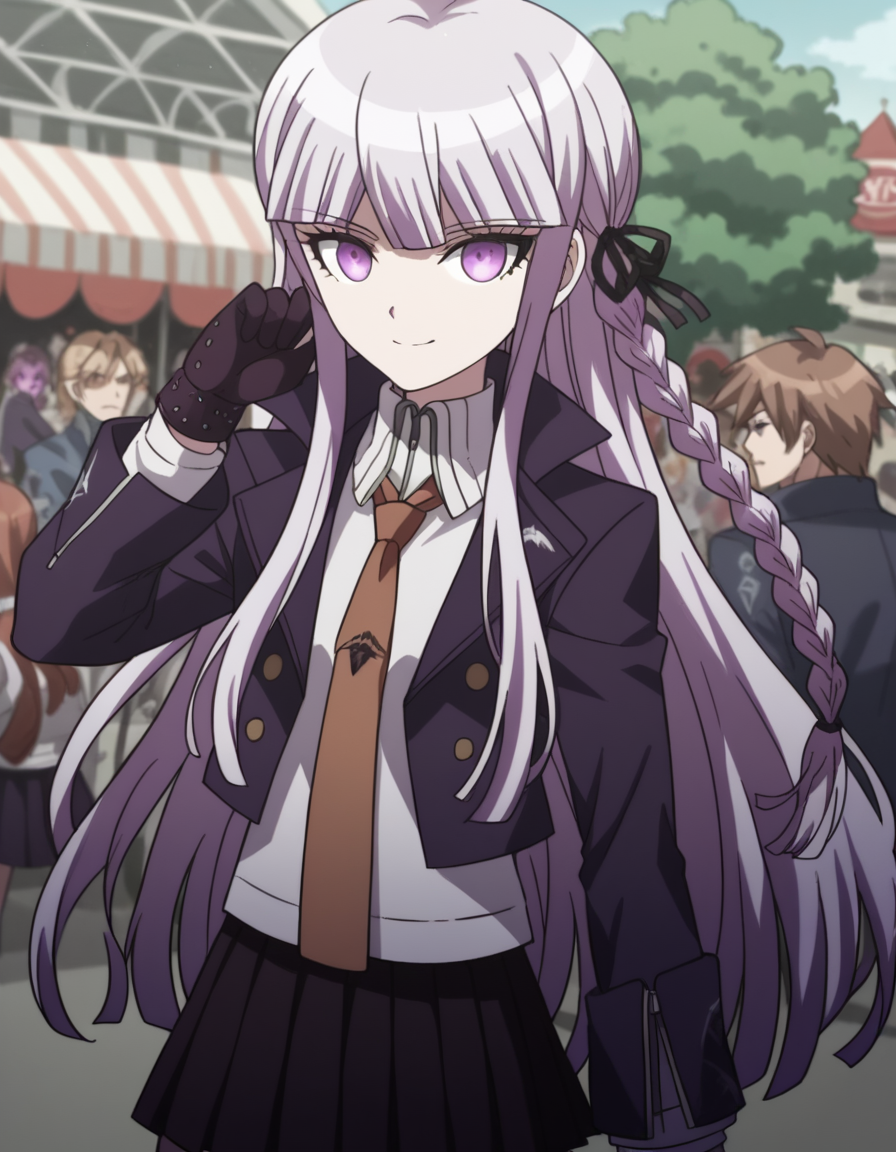 score_9, score_8_up, score_7_up, source_anime, <lora:kyouko-kirigiri-s1-ponyxl-lora-nochekaiser:1>, kyouko kirigiri, long hair, bangs, ribbon, purple eyes, hair ribbon, purple hair, braid, single braid, side braid,, skirt, shirt, gloves, long sleeves, jacket, white shirt, pleated skirt, open clothes, necktie, collared shirt, black skirt, open jacket, black jacket, black ribbon, brown necktie,, street market, vendor, street food, bustling crowd, local flavor, vibrant, smile, looking at viewer, hand palm facing up, solo,, cowboy shot, dutch angle