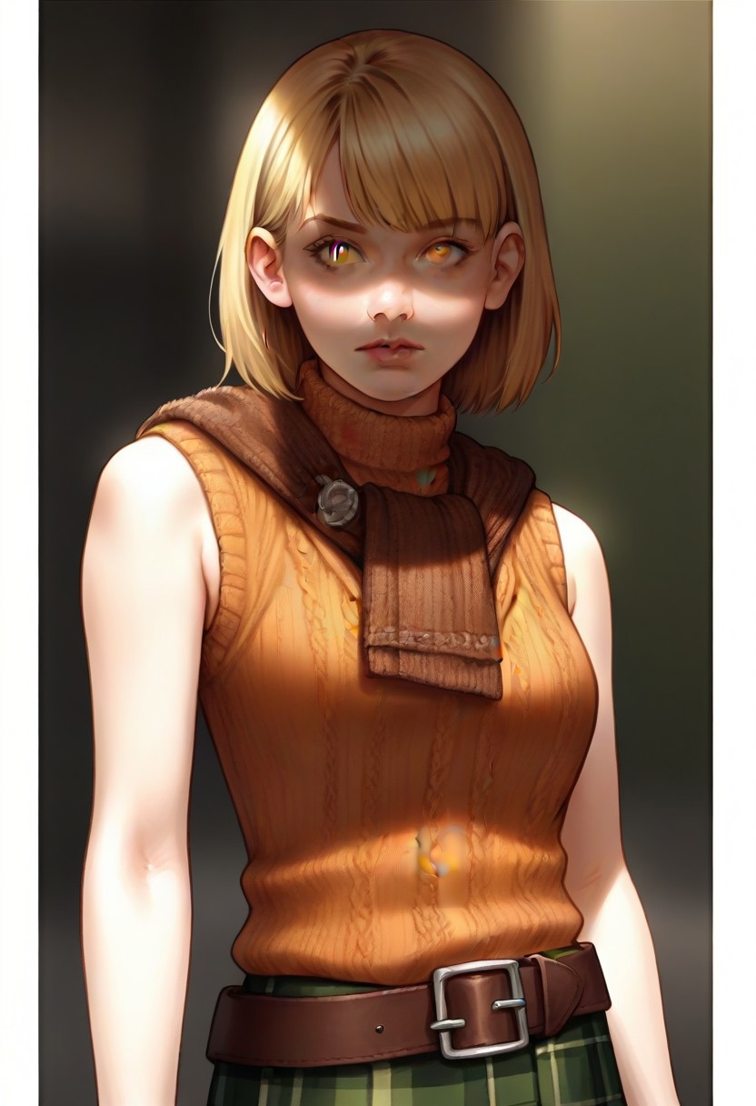 <lora:ashleygraham:0.9>, ashleygraham, photorealism, 1girl,solo,blonde hair,bob cut,bangs, golden eyes,orange turtleneck,sleeveless,brown sweater over shoulder,,green plaid skirt,brown belt, ,,,