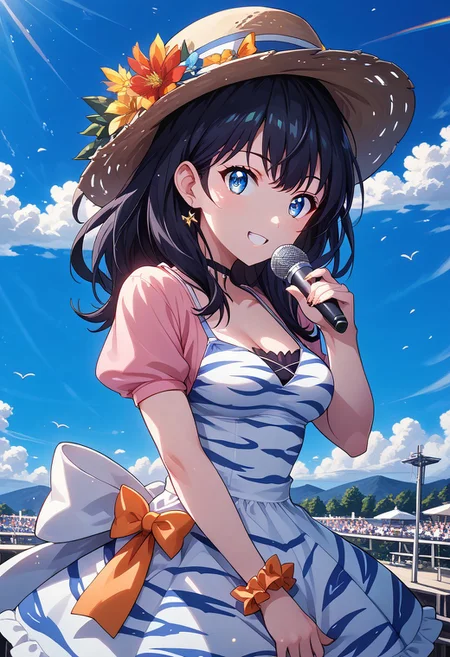 (score_9, score_8_up, score_7_up, highest score, best quality:1.2), zPDXL3, NEGATIVE_HANDS, hi-res. 8k, source_anime BREAK 1girl, 
AERikkaDef, blue eyes, black hair, long hair, wrist scrunchie,  happy, holding microphone BREAK idol dress, tiger print  BREAK performance stage, stage lights  (indoors:1.3), sharp colors, perfect hands, perfect eyes, cliff, rock, Island  (detailed realistic background:1.3), (high quality:1.1), (ultra detailed:1.4), <lora:pony_good_hands:0.7>, <lora:add-detail-xl:1>, <lora:xl_more_art-full_v1:0.5>