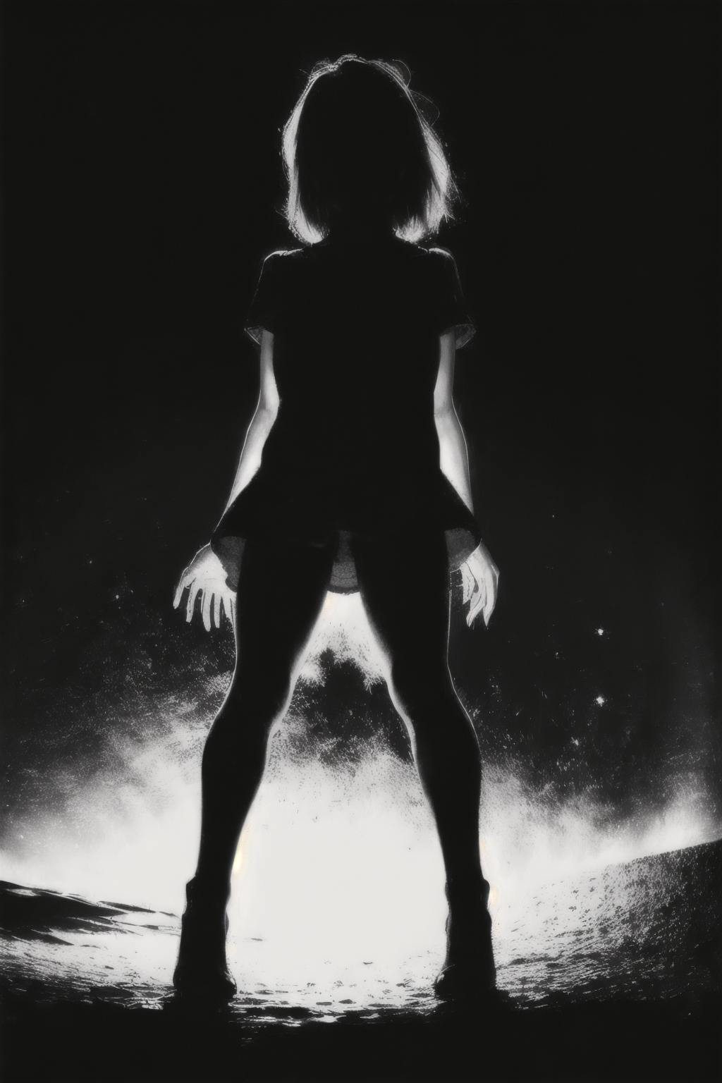 (Realisitc:1.5) (view from top) EdobShadow a woman in the dark, Standing with legs apart and arms extended out to the sides, (black background:1.3) <lora:EdobShadow_v1.0:1>
