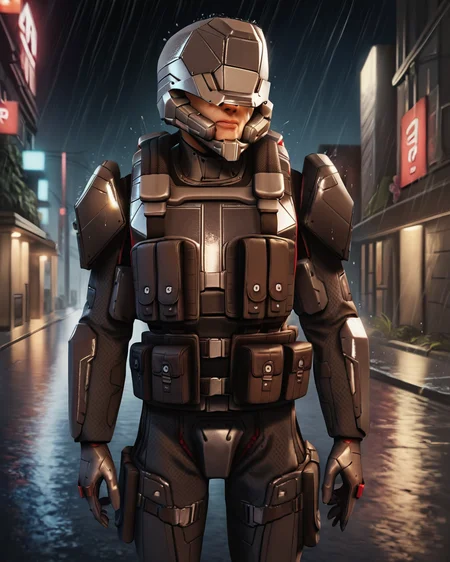 score_9, score_8_up, score_7_up, rating_questionable, intricately detailed,
1boy(
<lora:Advent_Trooper_XCOM_2:0.8>,
adv_trooper_arm0r, adv_trooper_he1met, cowboy shot, solo, ),
rain, wet street, wet, science fiction city, futuristic buildings, high rises, on a road, at night, darkness, rainfall, dark theme,
depth of field, detailed background,
<lora:ral-chrosc-clr:0.5>, ral-chrosc-clr,
<lora:Expressive_H:0.5>, expessiveH,
<lora:xl_more_art-full_v1:0.3>,
<lora:add-detail-xl:0.3>