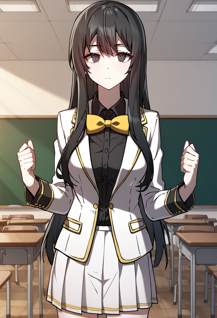 Ellen_Artorius, black hair, black eyes, long hair, medium breasts, webtoon, manhwa.white blazer, black shirt, collared blazer, yellow bowtie, academy school uniform, white skirt, medium breast,manhwa, webtoon, BREAK indoors, classroom, sunset, BREAK cowboy shot, looking at viewer, standing,closed mouth,neutral face, front view, dynamic pose BREAK score_9, score_8_up, score_7_up, source_anime ,zPDXL,  <lora:Ellen_Artorius:0.8>