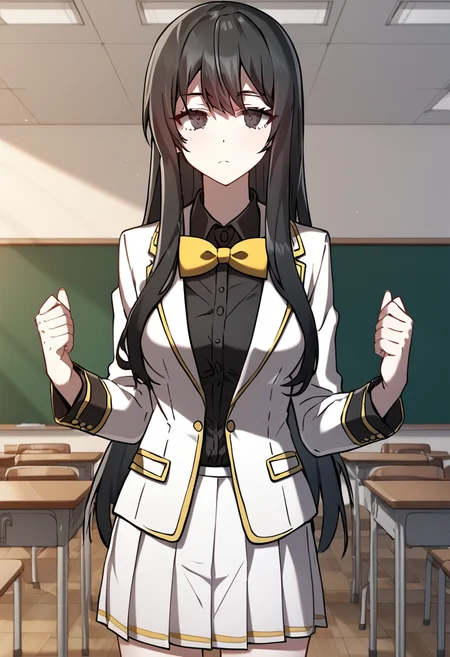 Ellen_Artorius, black hair, black eyes, long hair, medium breasts, webtoon, manhwa.white blazer, black shirt, collared blazer, yellow bowtie, academy school uniform, white skirt, medium breast,manhwa, webtoon, BREAK indoors, classroom, sunset, BREAK cowboy shot, looking at viewer, standing,closed mouth,neutral face, front view, dynamic pose BREAK score_9, score_8_up, score_7_up, source_anime ,zPDXL, <lora:Ellen_Artorius:0.8>