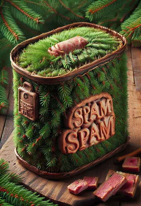 (HD, masterpiece, best quality, ultra detailed), pg-rated, a photorealistic can of SPAM, made out of fir needles, fir needle style, fir needle, made out of fir needles, fir forest background