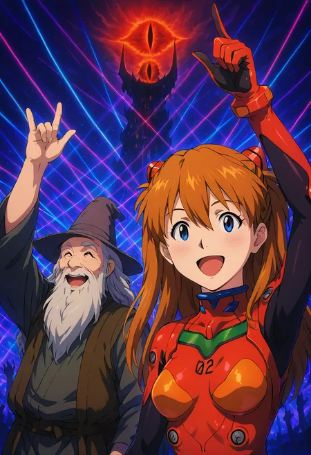 masterpiece, best quality, L0rd0fTh3R4v3s, g4nd4lf, looking at viewer, smile, open mouth, 1boy, hat, :d, arm up, facial hair, beard, old, old man, 1girl, souryuu asuka langley, neon genesis evangelion, 1girl, blue eyes, hair between eyes, long hair, orange hair, brown hair, two side up, medium breasts, plugsuit, plugsuit, pilot suit, red bodysuit, interface headset, (upper body), ,<lora:SauronsRaveTower_IXL_v1:1.0>,