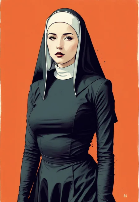 Shy Sexy nun, (minimalistic, aggressive art style, hard shapes, Abstract, industrial) pure colors, vector textures