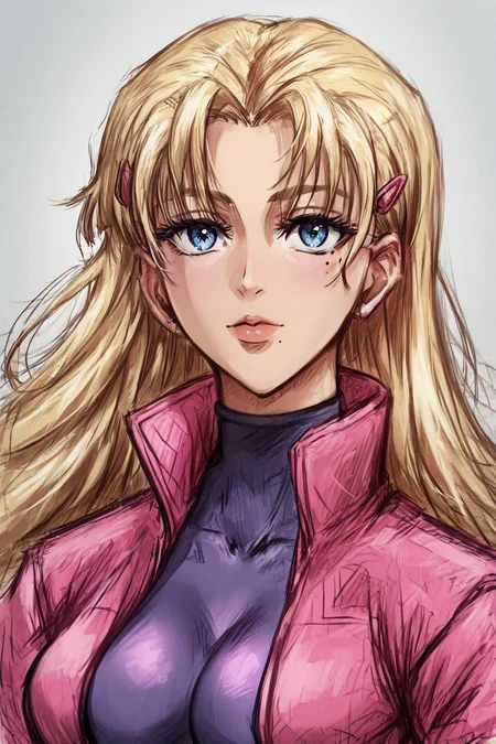 score_9, score_8_up, score_7_up, score_6_up, score_5_up, score_4_up, <lora:Miu_Furinji-000006:0.7> , miu, blonde hair, long hair, blue eyes, mole under right eyes, slim waist, large breast, pink jacket, purple bodysuit, hairclip, <lora:drawing_style_pony:1>, drawing_style, drawing, sketch, 1girl, solo, alone, lines drawing, masterpiece, highres