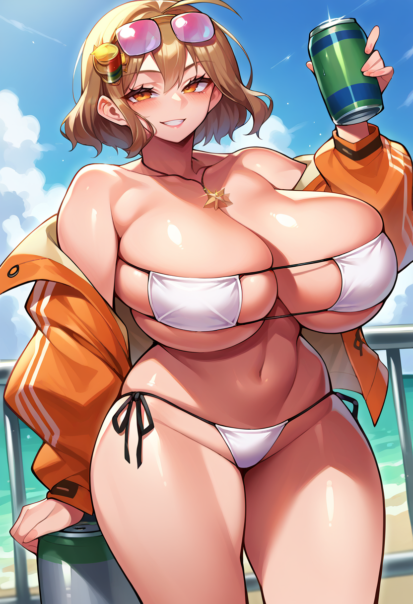 score_9, score_8_up, score_7_up, source_anime BREAK 1girl, solo, <lora:anis-nikke-richy-v1_pdxl:1> anisswim, ahoge, short hair, brown hair, hair ornament, eyewear on head, necklace, eyepatch bikini, side-tie bikini bottom, orange jacket, off shoulder, huge breasts, smile, blush, holding can, beer can,  <lora:hidarikiki-Style-PonyXL-Dora-000007:1>