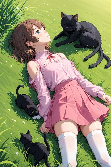 anime, 1girl, solo, animal, black cat, blue eyes, brown hair, cat, closed mouth, clothing cutout, from side, grass, long sleeves, looking up, lying, on back, pink shirt, pink skirt, purple thighhighs, shirt, shoulder cutout, skirt, sleeping, thighhighs, white thighhighs, masterpiece, best quality