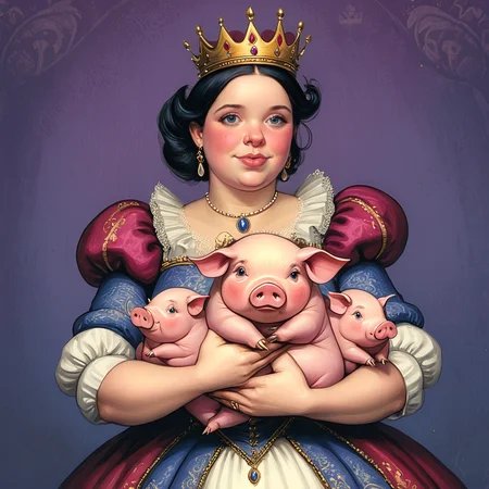 <lora:Wonderland:1> ArsMJStyle, Wonderland, The image shows the dutches from Wonderland holding a pig in her arms with a crown on her head.