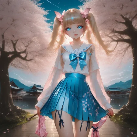 outdoors, fairy, cherry blossoms, bow, pleated skirt, thighhighs, hairclip, blue eyes, pink footwear