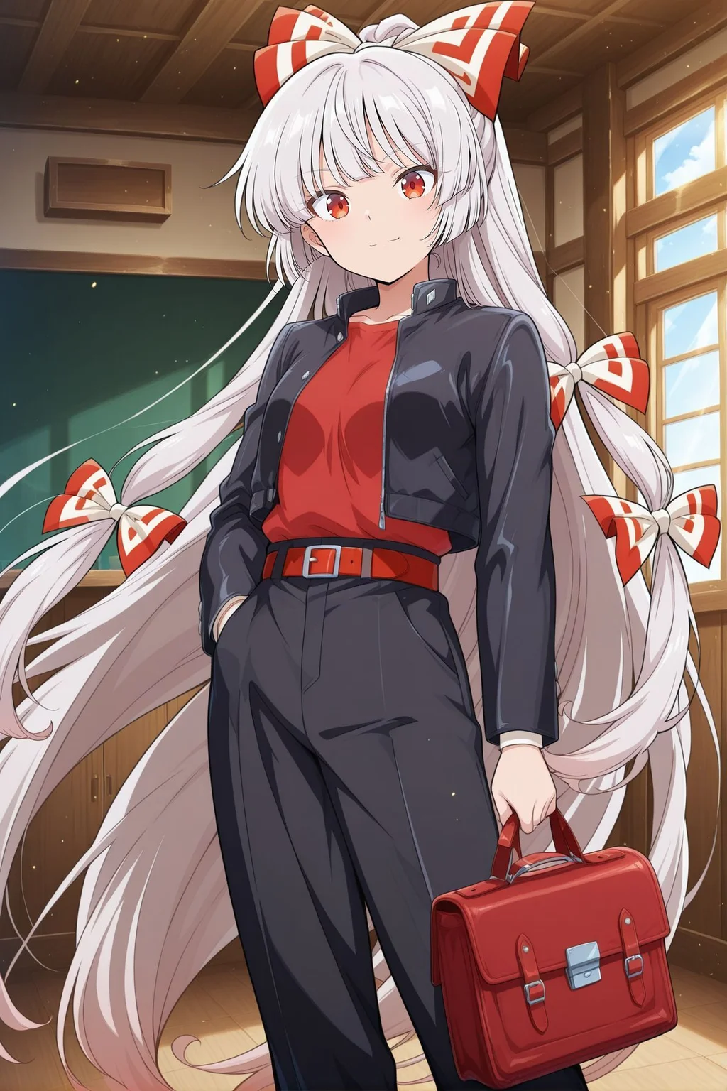absurdres, highres, masterpiece, best quality, amazing quality, official anime artwork, screencap, anime screencap, indoors, looking at viewer, light smile, dynamic pose, standing,
<lora:Fujiwara-no-Mokou_IllustriousV2:1> fujiwara no mokou, 1girl, solo, red eyes, white hair, very long hair, small breasts, fujiwara no mokou (fiery and solitary student), alternate costume, hair bow, black jacket, open jacket, red shirt, black pants, red belt, holding bag,
classroom, day, board,