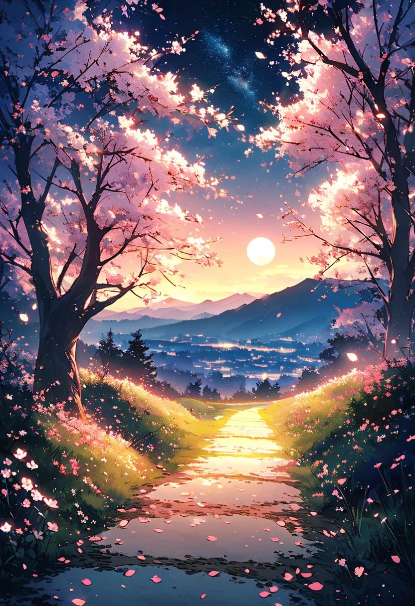Create a breathtaking landscape that evokes awe and wonder at night. Minimum lighting. Nightscapw.
Picture a serene, park at night. The sakura trees are in bloom, white and pink. Moonlight filters through the branches, casting a cold, white glow over the entire scene. Delicate blossoms still cling to some branches, adding a touch of soft pink and white to the landscape.
The ground is covered with a lush carpet of grass and wildflowers, with fallen petals scattered about, in the background, rolling hills and distant mountains can vaguely be seen. A gentle breeze rustles the leaves and carries the sweet scent of sakura through the air. This idyllic scene captures the serene beauty and abundance of nature in exquisite detail.
Add a meandering path along the trees, littered with sakura petals, inviting viewers to imagine a peaceful walk. Include a clear, starry sky emerging along with the moon, with a hint of the Milky Way visible. Dark colors, with minimum amount of light, dark, nightscape