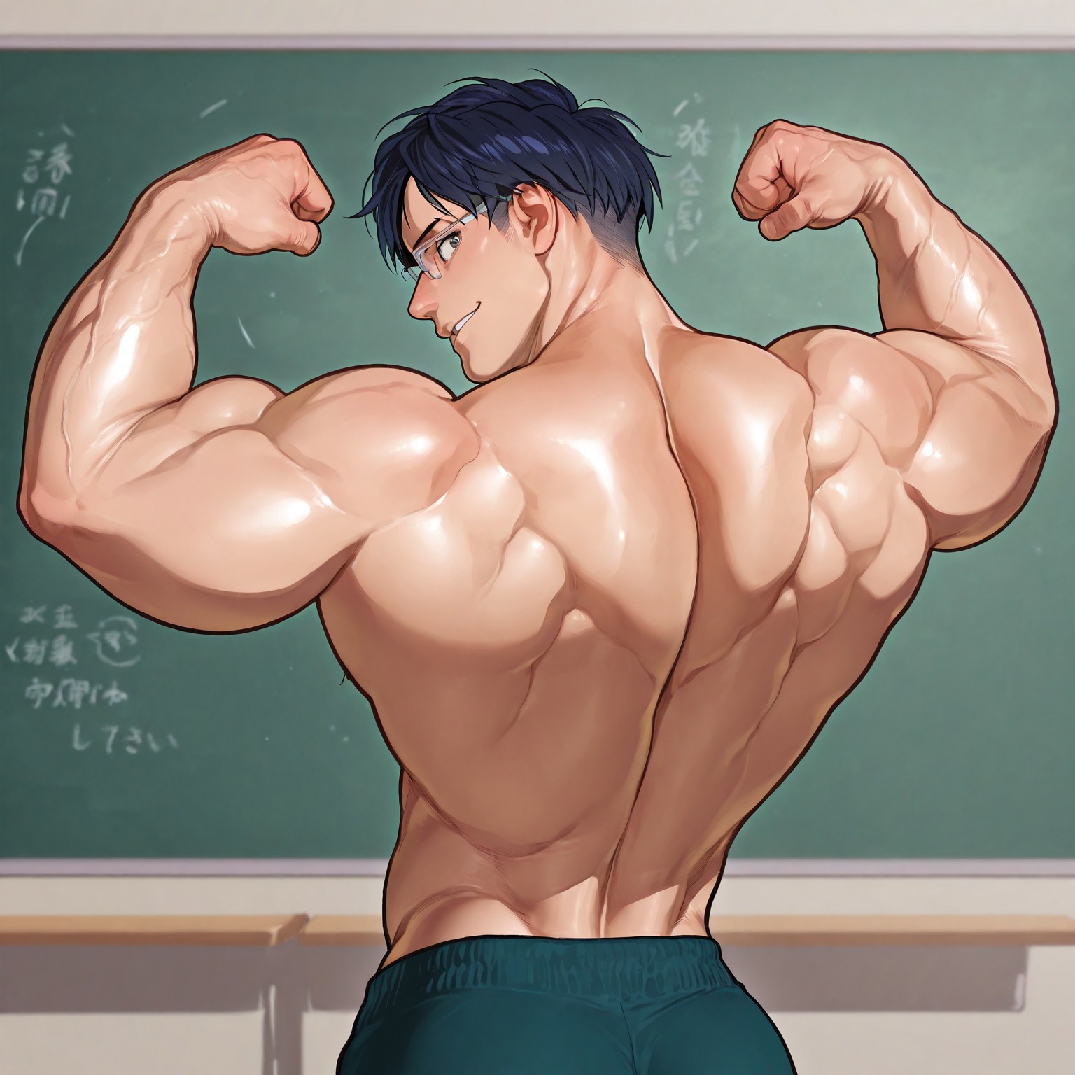 masterpiece, best quality, absurdres, newest, perfect quality, best quality, absolutely eye-catching, detailed background, intricate details, bara, 1boy, male, male focus, solo, dark blue hair, short hair, side part, grey eyes, grey glasses, thin eyebrows, teal pants, bara, muscular, large pectorals, large biceps, (((school uniform))), shirtless, looking back, upper body, cowboy shot, from the back, flexing, flexing arms, back muscles, dynamic pose, smile, school scenery, very awa, best quality, absurdres, newest, perfect quality, detailed background, intricate details, (artist:rokudenashi:0.8), (artist:dizdoodz:0.7), (artist:gomtang:0.6)