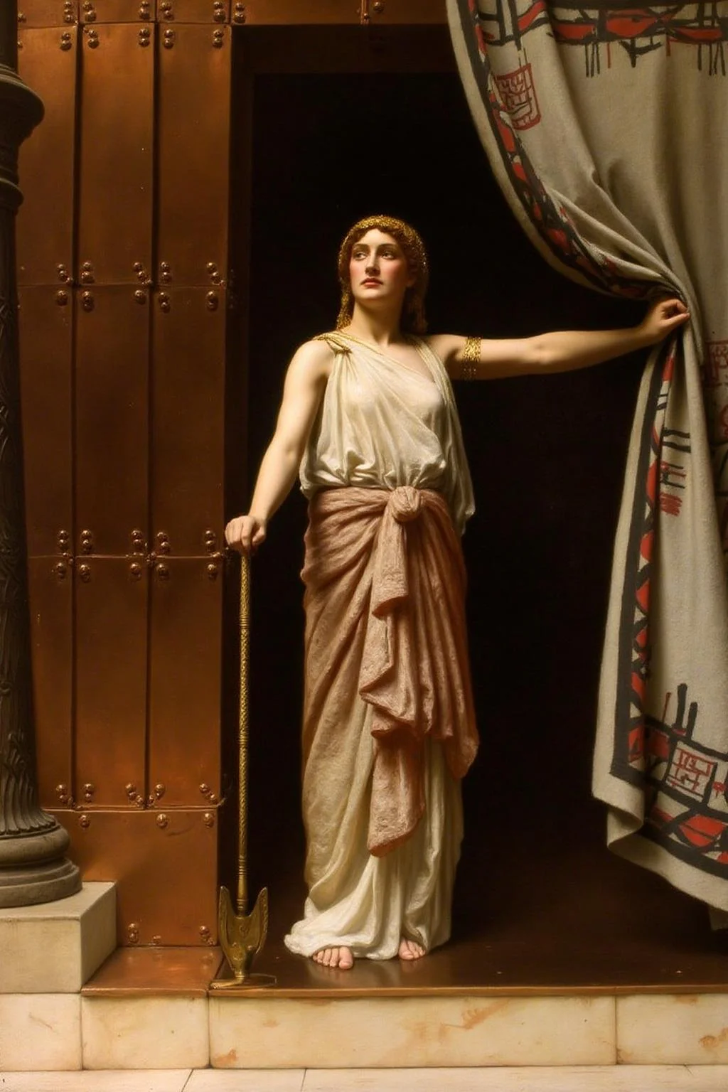 johncollier1 painting.
A woman from Ancient Greece stands in a doorway, wearing a white garment and a golden headpiece. She holds a curtain in one hand and a staff in the other. The door has metal hinges and a patterned curtain. <lora:johncollier1_cap_d8a4e12:1.0><lora:850614562389502143:0>