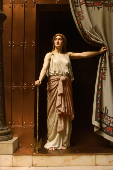 johncollier1 painting.
A woman from Ancient Greece stands in a doorway, wearing a white garment and a golden headpiece. She holds a curtain in one hand and a staff in the other. The door has metal hinges and a patterned curtain. <lora:johncollier1_cap_d8a4e12:1.0><lora:850614562389502143:0>