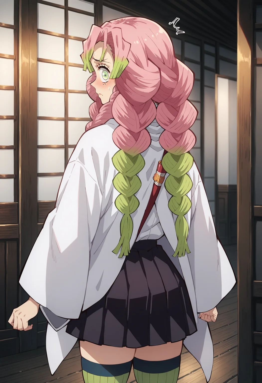 score_9, score_8_up, score_7_up, score_6_up, score_5_up, score_4_up,source_anime, indoors in a palace, looking back, embarassed expression<lora:Smooth Anime Style LoRA XL:1> <lora:M1tsur1Kanr0j1XL_Pony_v1:1> m1tsur1kanr0j1, pink hair, braid, long hair, green eyes, white outfit, green legwear, black skirt