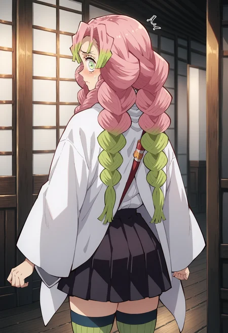 score_9, score_8_up, score_7_up, score_6_up, score_5_up, score_4_up,source_anime, indoors in a palace, looking back, embarassed expression<lora:Smooth Anime Style LoRA XL:1> <lora:M1tsur1Kanr0j1XL_Pony_v1:1> m1tsur1kanr0j1, pink hair, braid, long hair, green eyes, white outfit, green legwear, black skirt