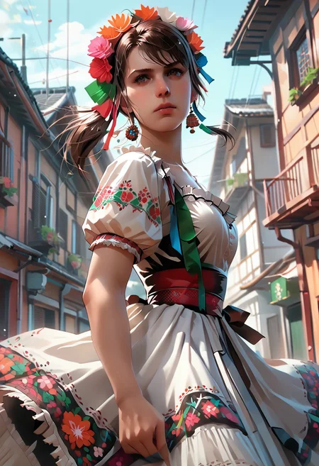 score_9, score_8_up, score_7_up, score_6_up, 1girl, perfect face, dynamic angle, outdoors, Mexican town, quiet_mgsv, MexClothes, hair ornament, flower, white dress, frills, traditional clothes, ribbon, puffy sleeves, multicolored clothes, colorful clothes,
