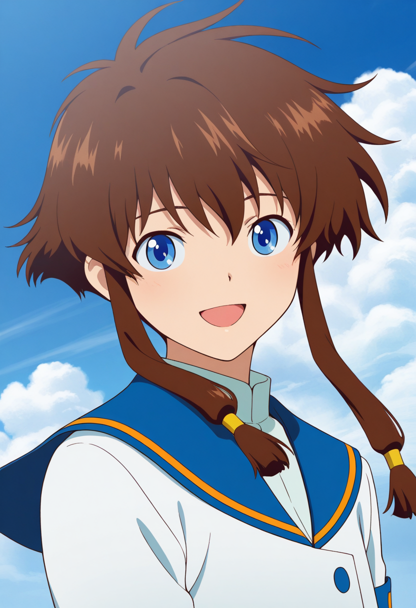 masterpiece, best quality, source_anime,official art,perfect_anatomy,1girl,Misaki Suzuhara,blue eyes,short hair with long locks,brown hair,sidelocks, school uniform,looking_at_viewer,smile,open mouth,upper body,day,blue_sky,cloud