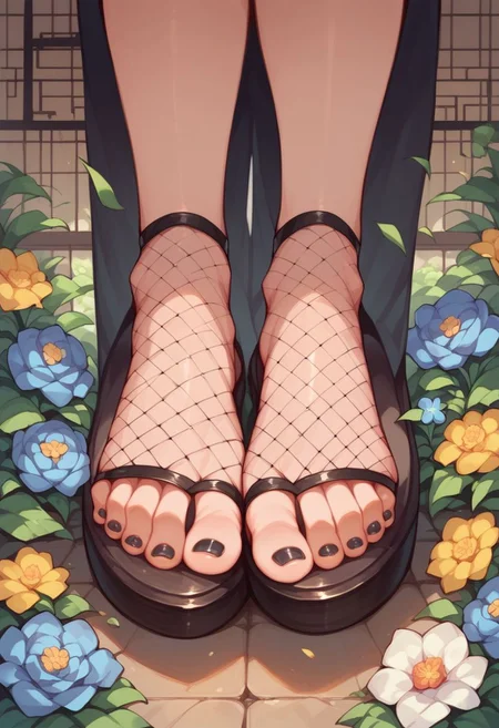 score_9,score_8_up,score_7_up,score_6_up,source_anime,1girl,mistress,,flower,lower body,fishnets,painted toenails, feet