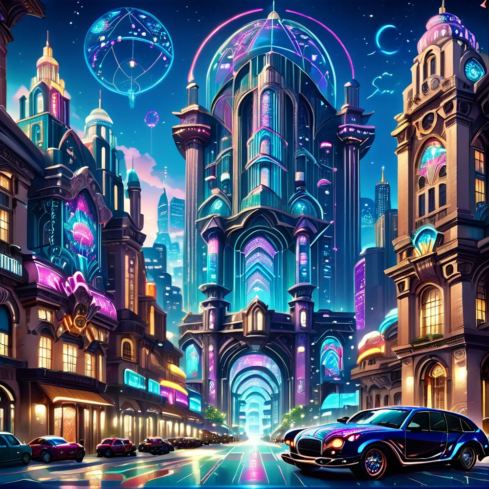 score_9, score_8_up, score_7_up,,
 <lora:artdecostyle_v2Pony:0.8>,
artdecostyle_v2, 
Vibrant cityscape, night, tall geometric skyscrapers, intricate Art Deco patterns, neon lights, glamorous glow, sleek cars, well-dressed pedestrians, deep blue sky