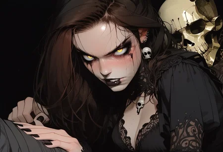 score_9, score_8_up, score_7_up, g0th1cxl ,bone white skin, black goth makeup, black lipstick, smeared makeup, sinozick style, Expressive, source_comic, extremely attractive woman sitting on a throne of skulls, brunette , horny, large perky breasts, black frilly blouse, skull belt, frilly black miniskirt, black fighter stockings, indentation , dynamic sexy pose, gothic background, bad photo composition, accidental photo, poorly framed, out of focus , 
BREAK 
dramatic angle, unique perspective, unique angle,