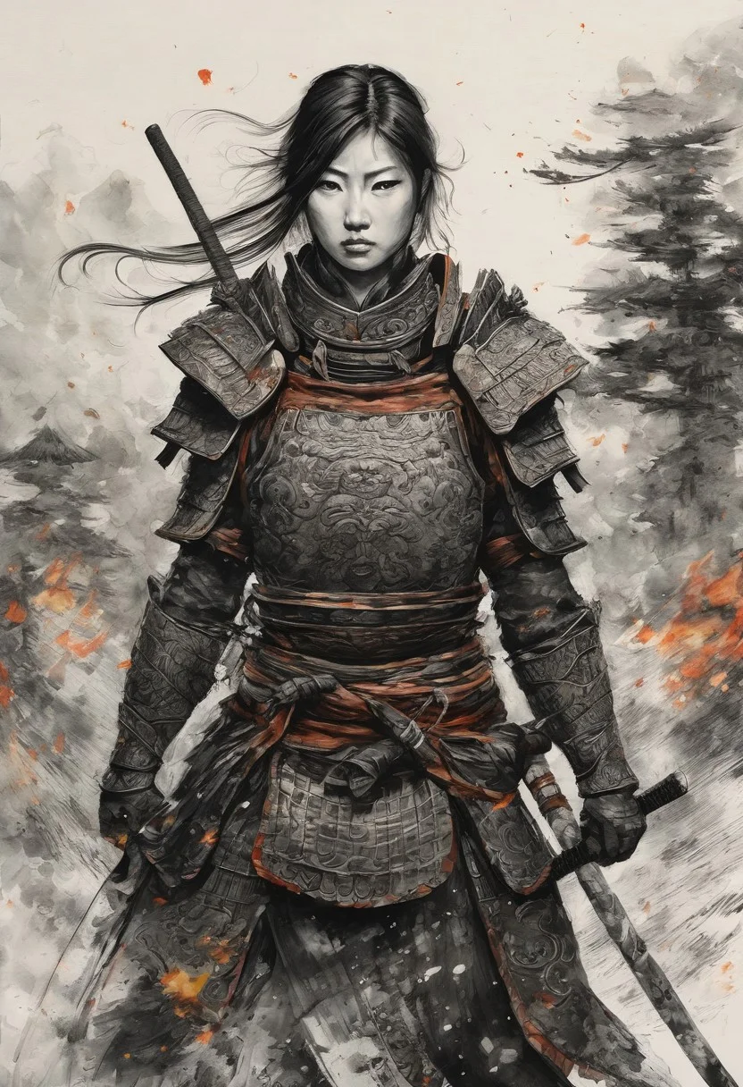 Depict a strong female samurai in ornate armor, standing resolutely amid a battlefield. Her face is smeared with soot, her eyes fierce and determined. The katana she holds gleams in the firelight from nearby burning structures. Embers float through the air, adding a dynamic element to the scene, while traditional Japanese elements such as paper lanterns and wooden buildings provide a cultural backdrop.