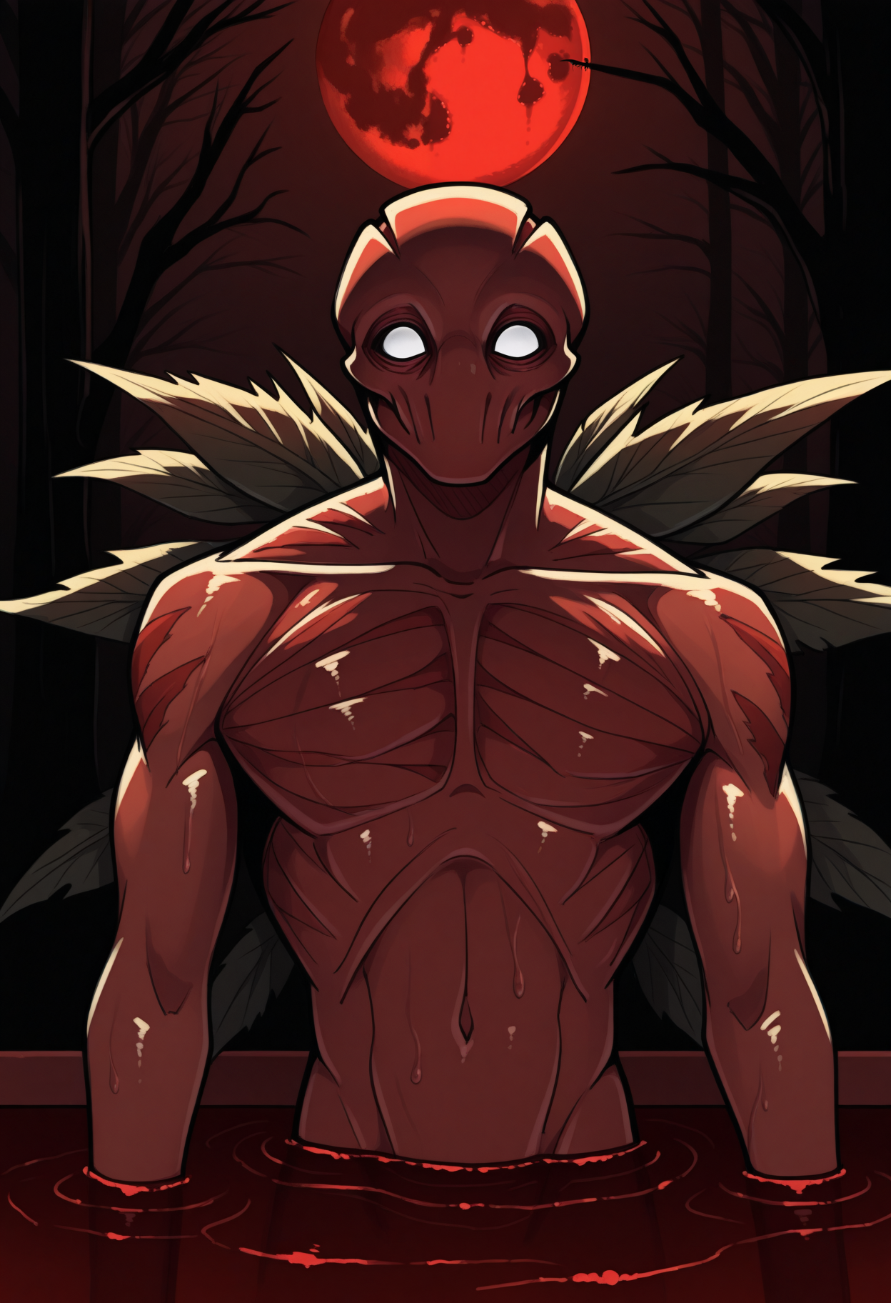 masterpiece, best quality, 1boy, solo, BrackenLethalCompany, white eyes, monster, wings, leaf, partially submerged, upper body, pool of blood, lake, blood, night, red moon, dark theme, darkness, horror \(theme\), <lora:ChamBrackenIllustriousXL:1>