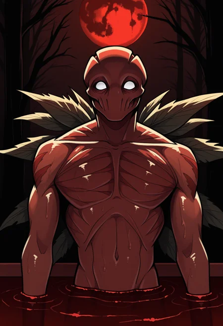 masterpiece, best quality, 1boy, solo, BrackenLethalCompany, white eyes, monster, wings, leaf, partially submerged, upper body, pool of blood, lake, blood, night, red moon, dark theme, darkness, horror \(theme\), <lora:ChamBrackenIllustriousXL:1>