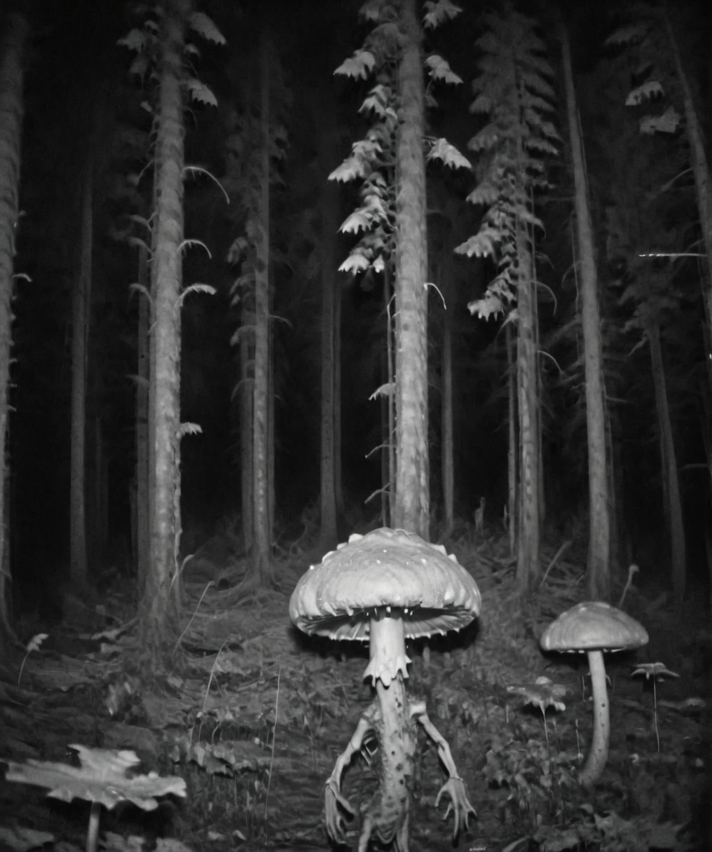 Camera trap, monochrome, A giant humanoid mushroom runs through the forest, horror   <lora:Camera trap:1>