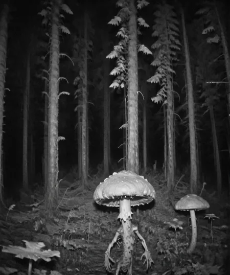 Camera trap, monochrome, A giant humanoid mushroom runs through the forest, horror   <lora:Camera trap:1>