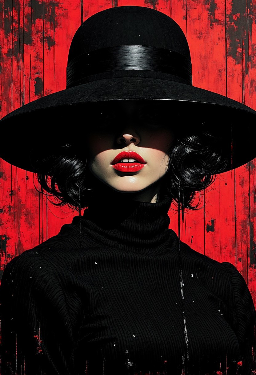 (nistyle, monochrome Manga Sketch, rough textures, cinematic:1.2), film noir style, shadowplay. a japanese femme fatale wearing wide brimmed hat, obscuring her face mostly with shadows. the woman has fair skin, dark, voluminous curls styled in an elegant 40s updo, and striking red lipstick. her eyes are accentuated with bold, black eyeliner and mascara. she exudes timeless elegance and sophistication. hyperdetailed manga sketch style, with bleached vibrant colorful neon color Highlights, grey, blue and red color grading.
