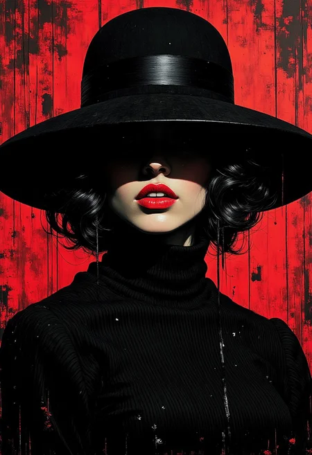 (nistyle, monochrome Manga Sketch, rough textures, cinematic:1.2), film noir style, shadowplay. a japanese femme fatale wearing wide brimmed hat, obscuring her face mostly with shadows. the woman has fair skin, dark, voluminous curls styled in an elegant 40s updo, and striking red lipstick. her eyes are accentuated with bold, black eyeliner and mascara. she exudes timeless elegance and sophistication. hyperdetailed manga sketch style, with bleached vibrant colorful neon color Highlights, grey, blue and red color grading.