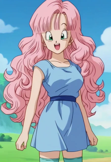 dbz_cc, score_9, score_8_up, score_8, BREAK, anime screencap 1girl, solo, female focus, (cowboy shot), thigh high socks, very long hair, wavy hair, pastel blue dress, green eyes, pink hair, outside, sunny, blue sky, excited, sidelocks, blunt bangs, mature female