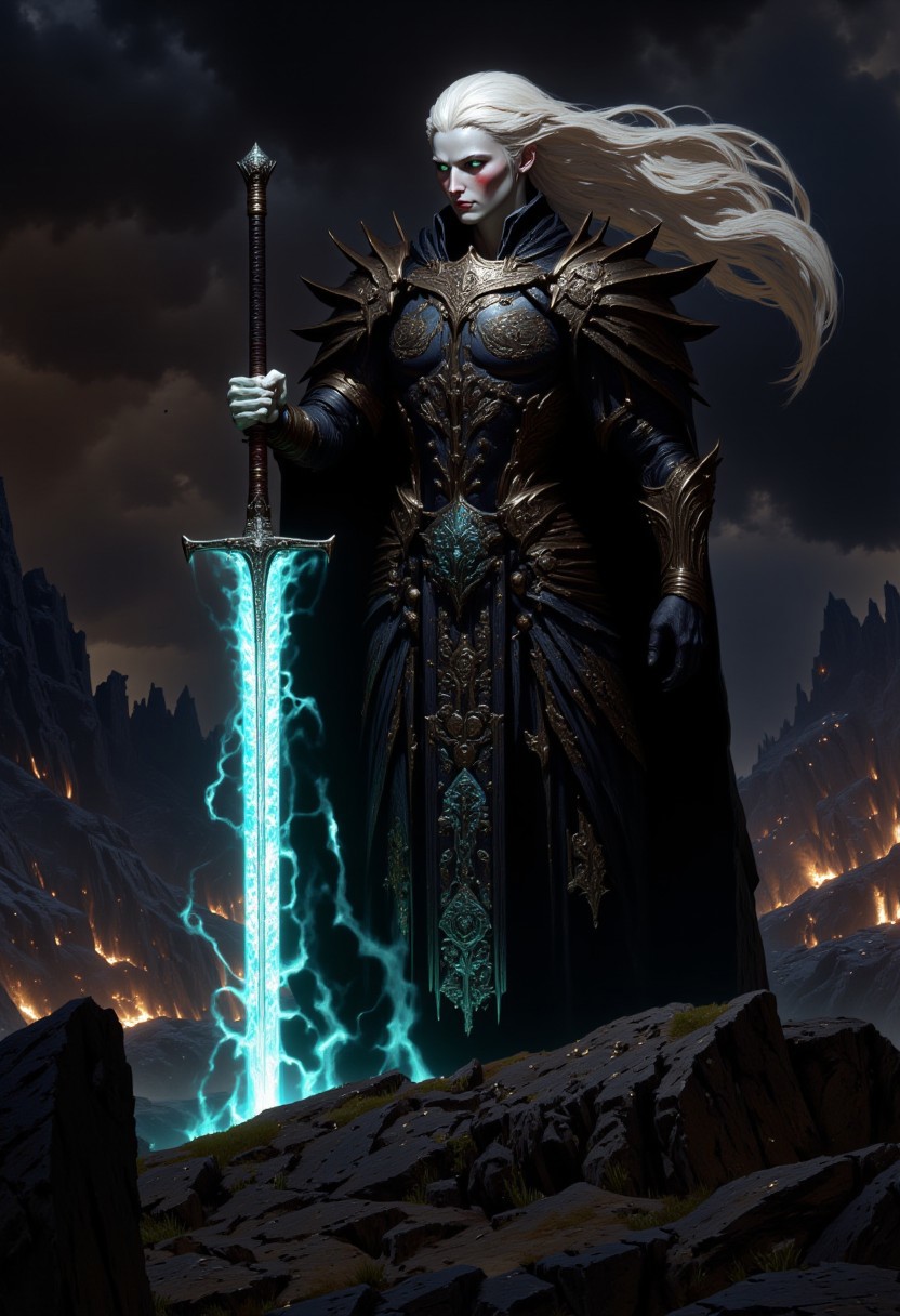 Digital fantasy artwork featuring a warrior woman in an epic battle scene. She stands tall with fierce determination, her pale skin contrasting against her black, armor-like bodysuit covered in intricate silver engravings. Her long, silver hair flows wildly, catching the wind as she holds a glowing, rune-etched sword, emanating a blue ethereal light. Her eyes shine with the same blue glow, as if channeling ancient magic. The background depicts a shattered landscape, with dark storm clouds, glowing embers, and distant mountains, adding to the dramatic tension. Concept art, cgsociety contest winner, HD, 4K, 8K, soft body, shadow play, light, atmospheric, cinematic, light film, hyper-detailed, hyper-realistic, masterful work, atmospheric, high resolution, 8K, HDR, 500px, mysterious and ornate digital art, photic, intricate, fantasy aesthetic + 8K,drkfnts style