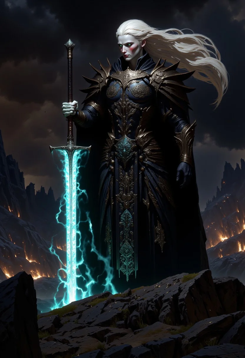 Digital fantasy artwork featuring a warrior woman in an epic battle scene. She stands tall with fierce determination, her pale skin contrasting against her black, armor-like bodysuit covered in intricate silver engravings. Her long, silver hair flows wildly, catching the wind as she holds a glowing, rune-etched sword, emanating a blue ethereal light. Her eyes shine with the same blue glow, as if channeling ancient magic. The background depicts a shattered landscape, with dark storm clouds, glowing embers, and distant mountains, adding to the dramatic tension. Concept art, cgsociety contest winner, HD, 4K, 8K, soft body, shadow play, light, atmospheric, cinematic, light film, hyper-detailed, hyper-realistic, masterful work, atmospheric, high resolution, 8K, HDR, 500px, mysterious and ornate digital art, photic, intricate, fantasy aesthetic + 8K,drkfnts style