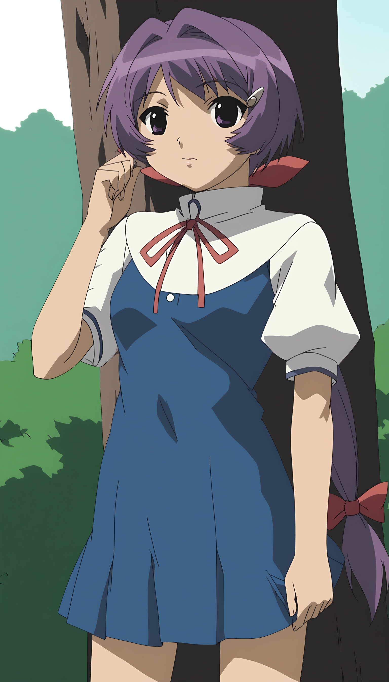score_9, source_anime BREAK, oldest, anime screencap, outdoors, school yard, day, sunlight,  leaning on tree, <lora:Chiaki YoshiKawa(Pony):1>ChiakiYoshikawa, 1girl, solo, short hair, low ponytail, purple hair, hair ornament, hairclip, capelet, hair ribbon, ribbon, red ribbon, school uniform, dress, blue dress, white sleeves, looking at viewer,