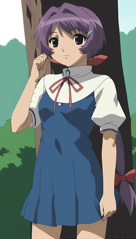 score_9, source_anime BREAK, oldest, anime screencap, outdoors, school yard, day, sunlight, leaning on tree, <lora:Chiaki YoshiKawa(Pony):1>ChiakiYoshikawa, 1girl, solo, short hair, low ponytail, purple hair, hair ornament, hairclip, capelet, hair ribbon, ribbon, red ribbon, school uniform, dress, blue dress, white sleeves, looking at viewer,