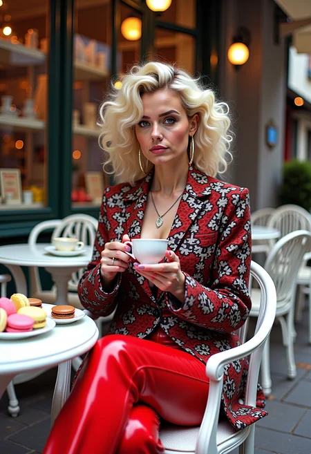 A highly detailed and artistic image of a stylish woman sitting at an elegant outdoor café. She is wearing a vibrant, patterned blazer with a mix of red, black, and white hues, paired with bold red vinyl pants. Her blonde hair is styled in voluminous curls, and she is accessorized with large hoop earrings. She is holding a delicate teacup in one hand and a pink macaron in the other, with a plate of assorted macarons on the table in front of her. The café setting charming and inviting, with ornate white chairs and tables, and a backdrop of a quaint shop with large windows displaying various items. The image captures the intricate textures of her clothing, the glossy finish of the vinyl pants, and the delicate details of the macarons and teacup. The overall atmosphere lively and sophisticated, with a focus on fashion and elegance. 1980s, fashion shoot, designer clothes, aerobics, punk chic, power dressing, oversized.  <lora:FLUX.1-DEV_-_Wild_1980s_Fashions_LoRA:1>, <lora:realism_lora:0.9>