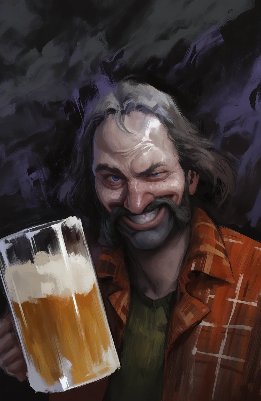 masterpiece, painting \(medium\), best quality, highres, (traditional media:0.6), highly detailed,realistic, 1boy, black beard, mustache, black hair, grey hair, blue eyes, uneven eyes, upper body, flannel shirt, old man, wrinkled skin, evil grin, holding beer mug, painterly, abstract background, colors, surreal, nature, style of disco elysium, outdoors, <lora:DiscoElysium NoobAI v-pred:0.9>